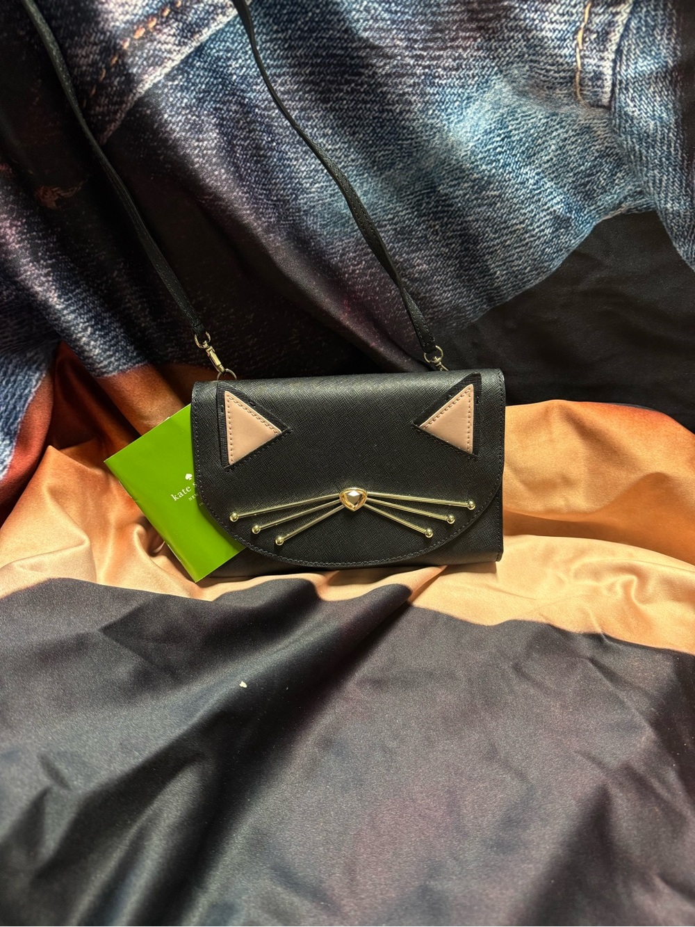 (new+card) Kate Spade Black Crossbody / Clutch Pink Ear Accents & Gold Whisker - Picture 8 of 9